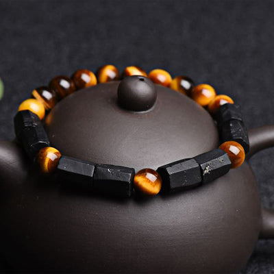 Foviel Natürliche schwarze Turmalin Tigerauge positives Armband