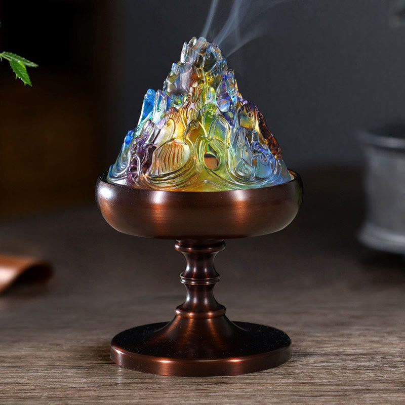 Buddha Stones Liuli Crystal Mountain Healing Meditation Incense Burner Incense Burner BS Liuli Incense Burner 8.5*13.5cm