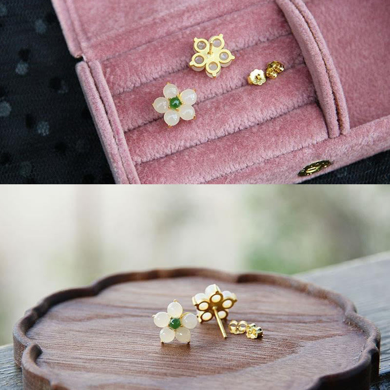 Buddha Stones White Jade Flower Luck Blessing Stud Earrings Earrings BS 6