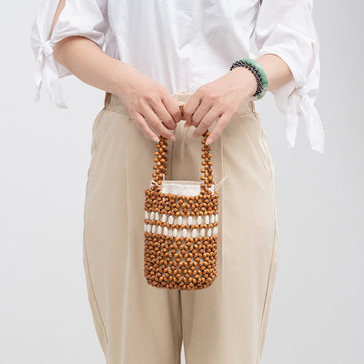 Buddha Stones Hand-woven Bucket Portable Wooden Beads Handbag Handbags BS 4