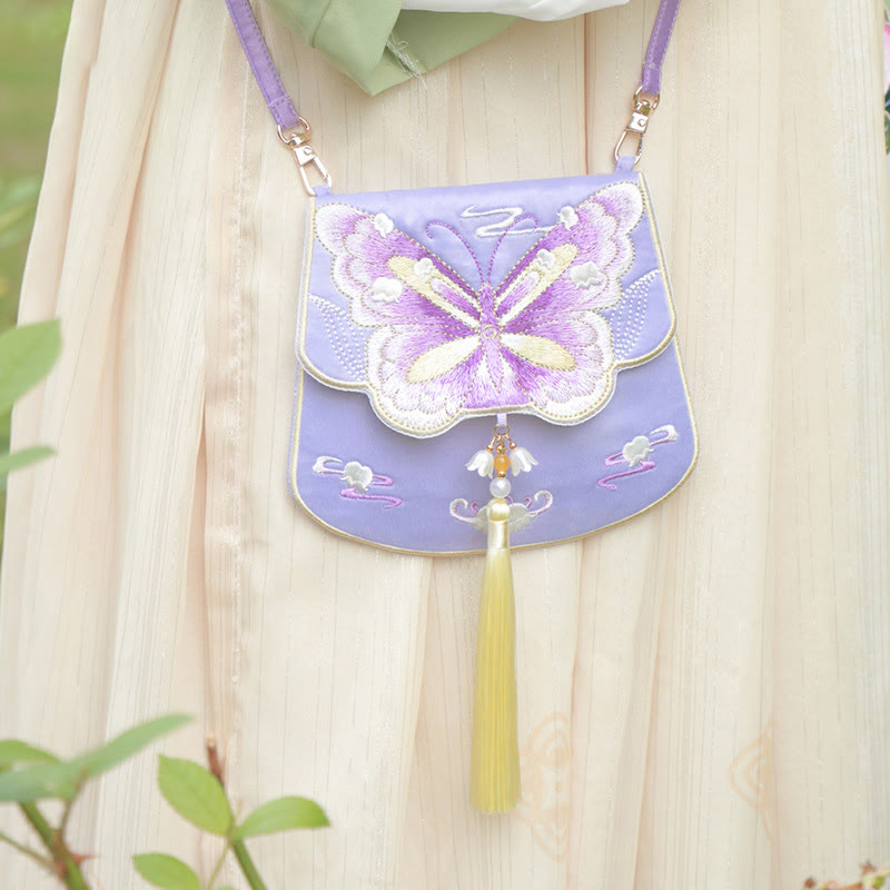 Buddha Stones Luck Embroidery Lotus Koi Fish Rabbit Flower Hanfu Bag Crossbody Bag Shoulder Bag Bag BS Purple Butterfly