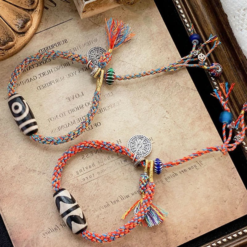 Buddha Stones Tibetan 925 Sterling Silver Om Mani Padme Hum Handmade Dzi Bead Protection Braid Bracelet Bracelet BS 11