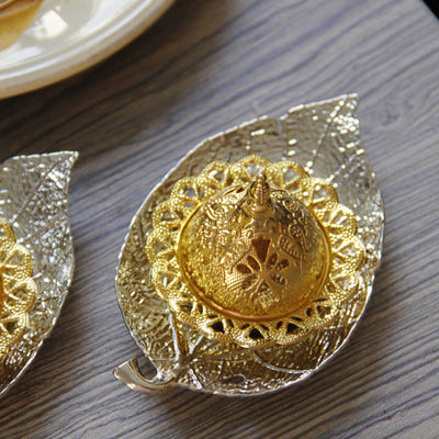 Buddha Stones Tibetan Gold Mini Leaf Coaster Meditation Incense Burner Incense Burner BS 16