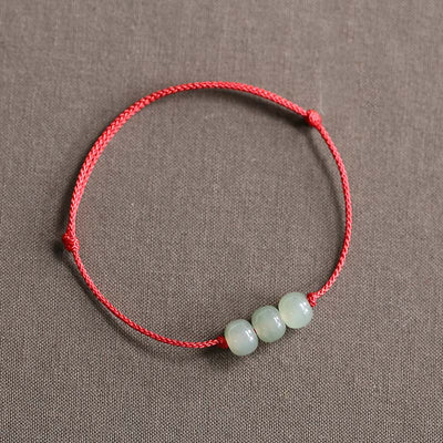 Buddha Stones Three Beads Jade Luck String Weave Bracelet Bracelet BS Red(Wrist Circumference 14-20cm)