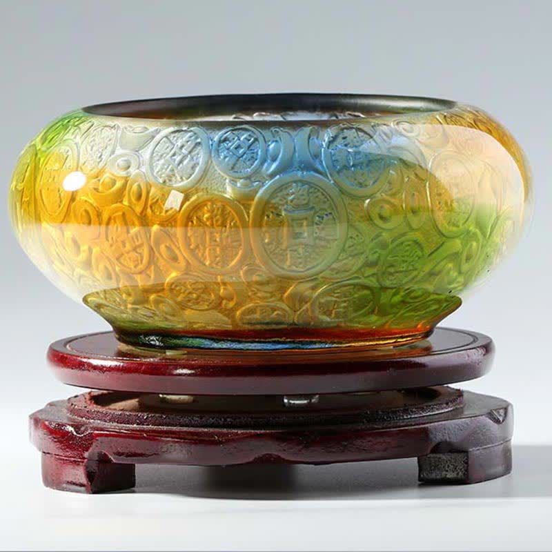 Buddha Stones Handmade Liuli Crystal Treasure Bowl Ingots Art Piece Home Decoration Decorations BS 2