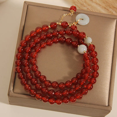 Buddha Stones Natural Red Agate Jade Peace Buckle Calm Triple Wrap Bracelet Bracelet BS 6