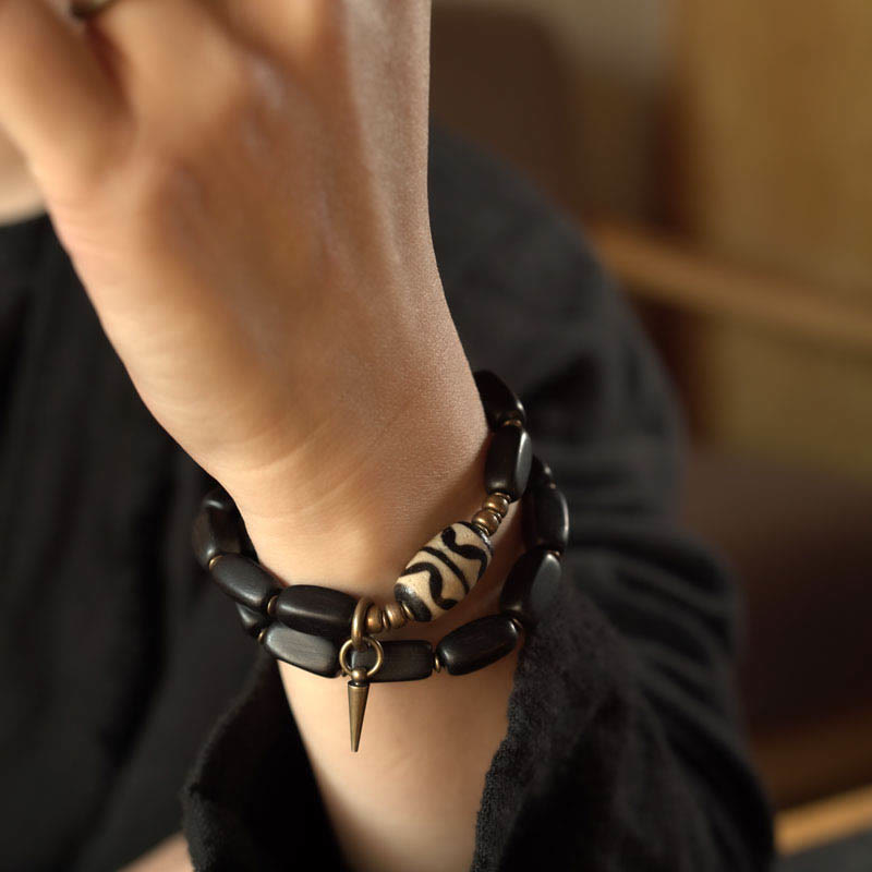 Buddha Stones Tibet Ebony Wood Dzi Bead Copper Balance Double Wrap Bracelet Bracelet BS 14