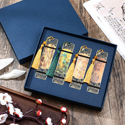 Buddha Stones A Panorama of Rivers and Mountains Metal Hollow Bookmarks Tassel With Gift Box Bookmarks BS 4Pcs Set