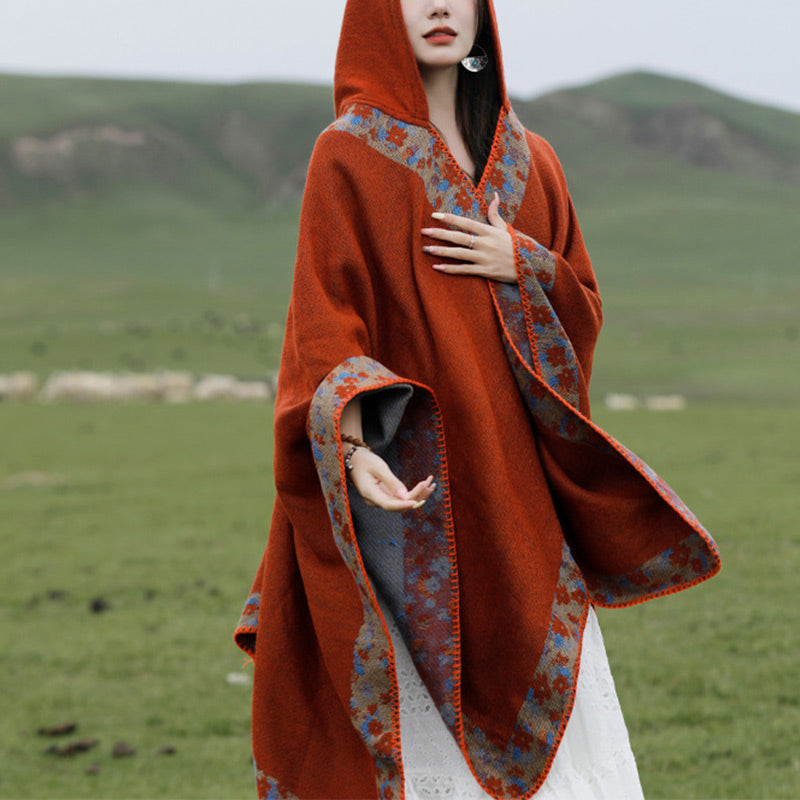 Buddha Stones Tibetan Shawl Border Small Floral Flower Hooded Cloak Winter Cozy Travel Scarf Wrap Tibetan Shawl BS 3
