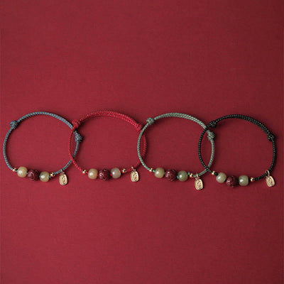 Buddha Stones 14K Gold Plated Hetian Jade Cinnabar Lotus Luck Handcrafted Rope Bracelet Bracelet BS 13