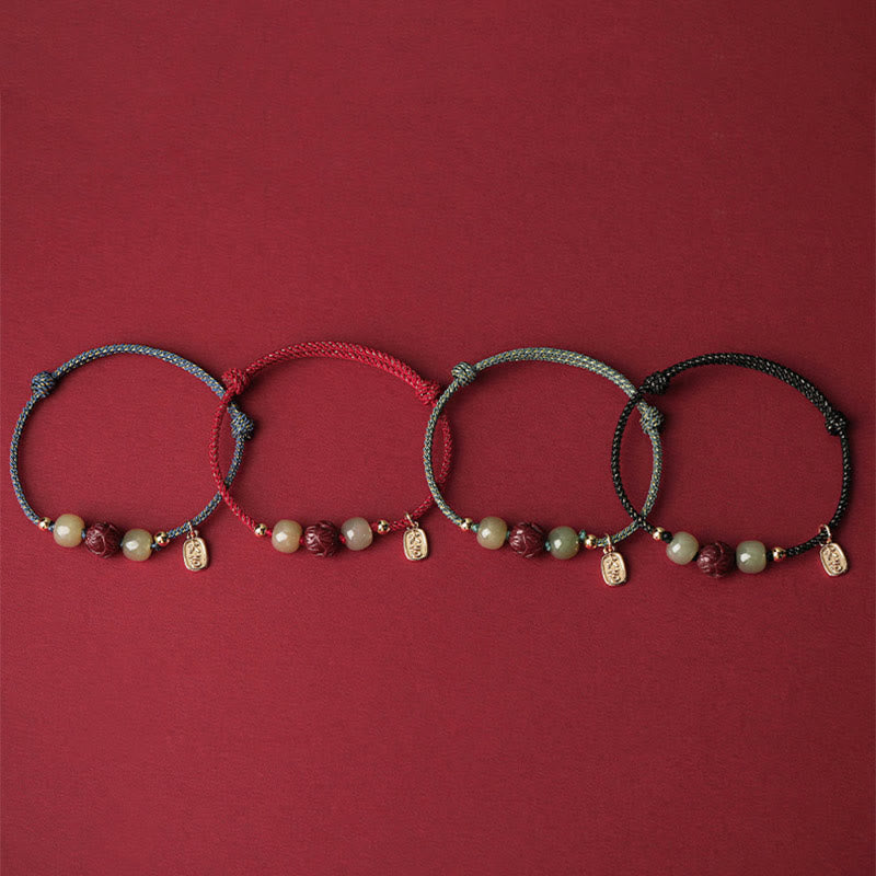 Buddha Stones 14K Gold Plated Hetian Jade Cinnabar Lotus Luck Handcrafted Rope Bracelet Bracelet BS 13