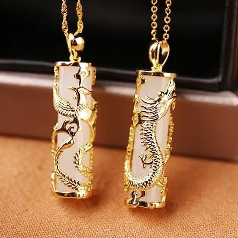 Buddhastoneshop Jade Dragon Phoenix Copper Blessing Harmony Necklace Pendant