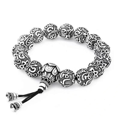 Buddha Stones Tibetan Om Mani Padme Hum Carved Alloy Beads Amulet Bracelet Bracelet BS 7