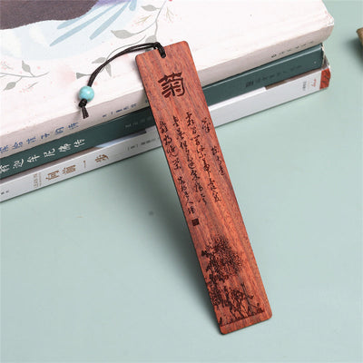 Buddha Stones Plum Orchid Bamboo Chrysanthemum Wood Bookmarks With Gift Box Bookmarks BS Chrysanthemum-Sandalwood