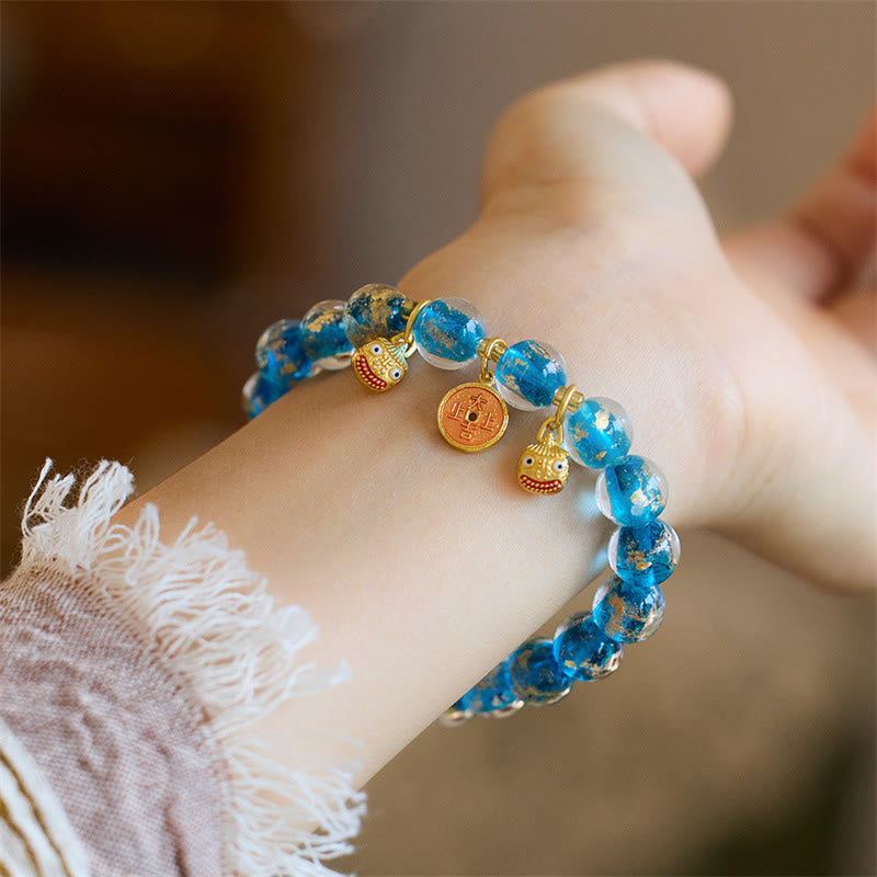 Buddha Stones Gold Swallowing Beast Copper Coin Good Luck Charm Liuli Glass Bead Fortune Bracelet Bracelet BS Light Blue Liuli Glass Bead(Wrist Circumference 14-16cm)