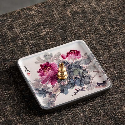 Buddha Stones Mountain Lake Flower Leaf Healing Ceramic Plate Tray Stick Incense Burner Decoration Incense Burner BS Peony 10.2*10.2*1.2cm