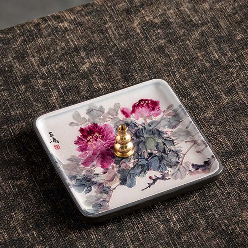 Buddha Stones Mountain Lake Flower Leaf Healing Ceramic Plate Tray Stick Incense Burner Decoration Incense Burner BS Peony 10.2*10.2*1.2cm