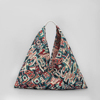 Buddha Stones Flowers Letters Butterfly Geometry Print Underarm Triangle Shoulder Bag Handbags BS Green English Letters 58*52cm