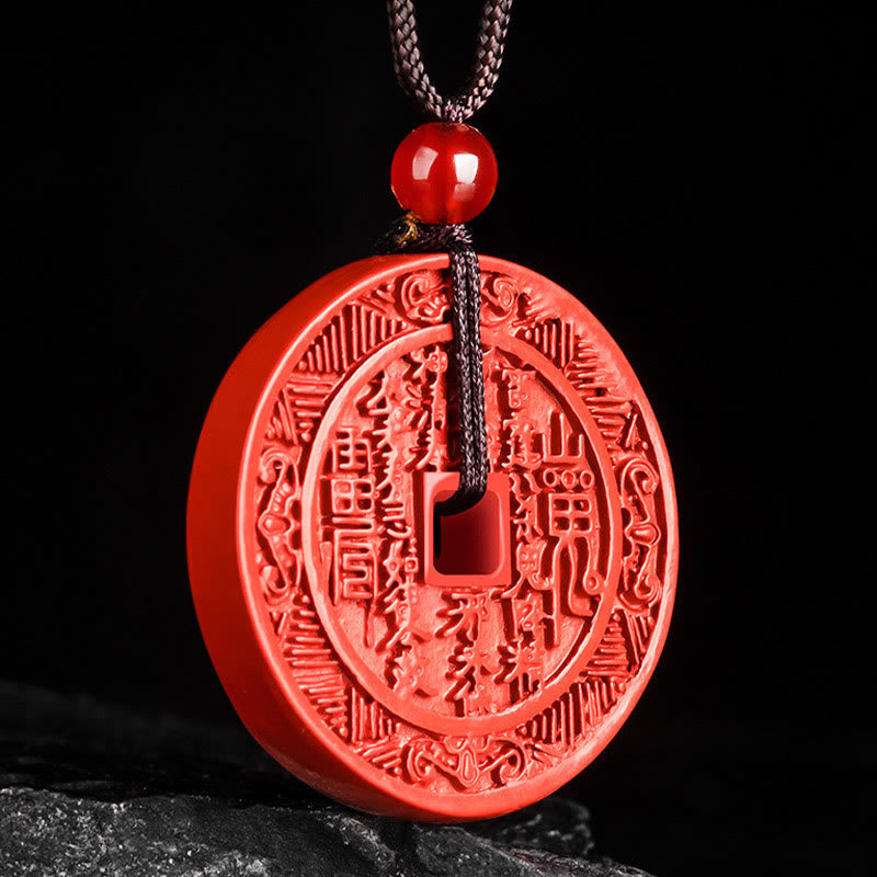 Buddha Stones Natural Cinnabar Mountain Ghosts Spend Money Bagua Design Blessing Necklace Pendant Necklaces & Pendants BS 2