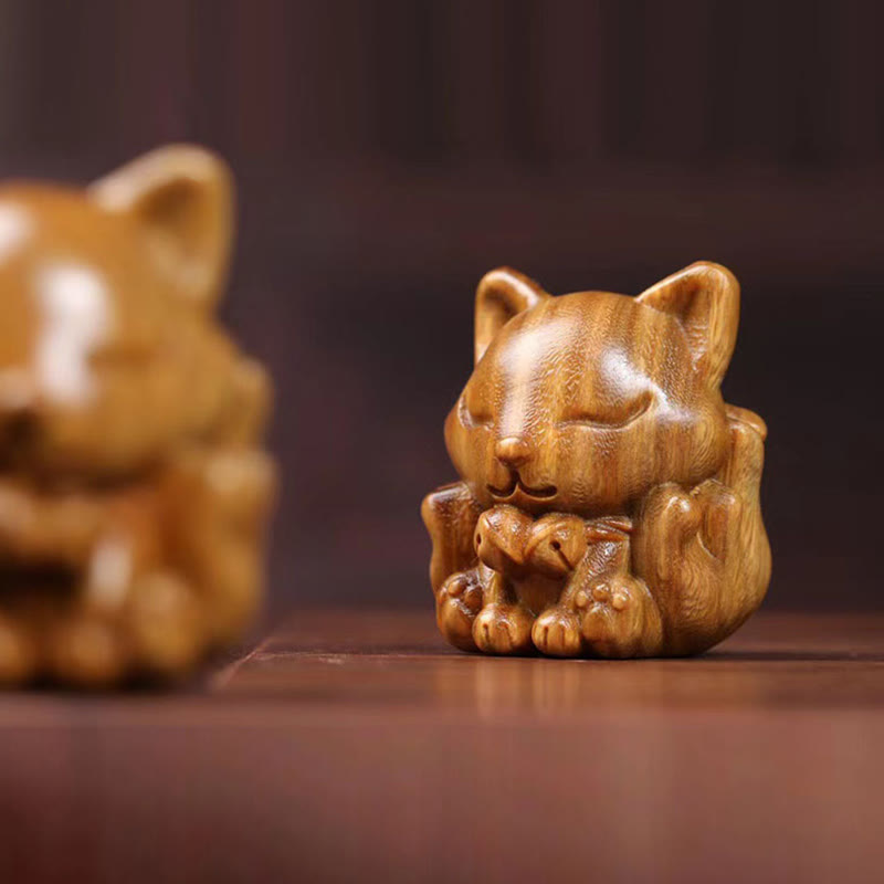 Buddha Stones Mini Nine-Tailed Fox Ivory Fruit Sandalwood Green Sandalwood Blessing Decoration Decorations BS 29