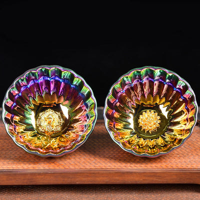 Buddha Stones Lotus Peacock Gold Inlaid Multicolored Chinese Jianzhan Ceramic Teacup Kung Fu Tea Cup Jian Zhan Tea Cup BS 16