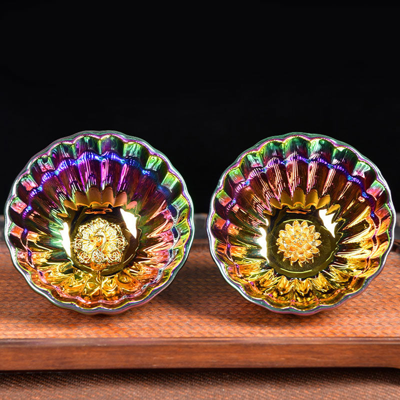 Buddha Stones Lotus Peacock Gold Inlaid Multicolored Chinese Jianzhan Ceramic Teacup Kung Fu Tea Cup Jian Zhan Tea Cup BS 16