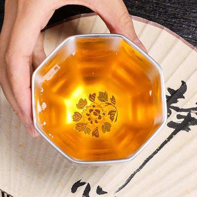 Buddha Stones 999 Sterling Silver Gilding Chrysanthemum Flowers Ceramic Teacup Kung Fu Tea Cup Cup BS 12