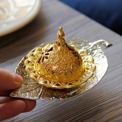 Buddha Stones Tibetan Gold Mini Leaf Coaster Meditation Incense Burner Incense Burner BS Silver Leaf Coaster&Incense Burner