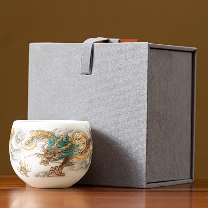 Buddha Stones Dragon Phoenix Auspicious Clouds Ceramic Teacup Kung Fu Tea Cup With Gift Box Cup BS 8