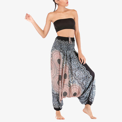 Buddha Stones Two Style Wear Round Geometric Pattern Loose Smocked Harem Trousers Jumpsuit High Waist Women's Yoga Pants Harem Pants&Bodysuit BS 33