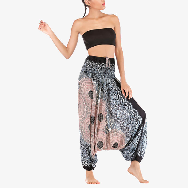 Buddha Stones Two Style Wear Round Geometric Pattern Loose Smocked Harem Trousers Jumpsuit High Waist Women's Yoga Pants Harem Pants&Bodysuit BS 33