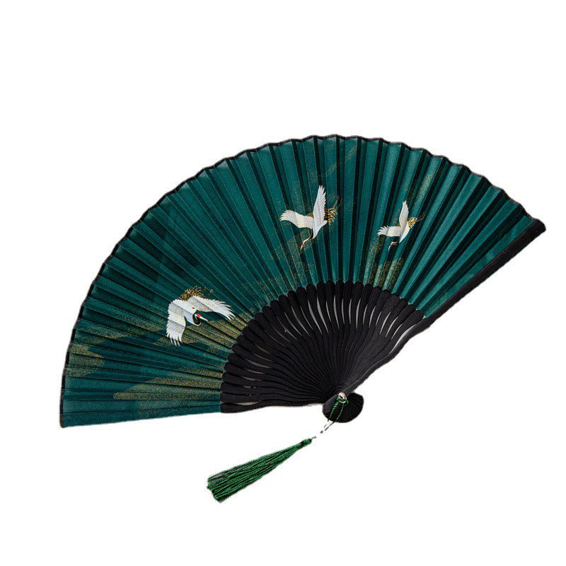 Buddha Stones Flying White Crane Sun Cloud Handheld Silk Bamboo Folding Fan 22cm 9