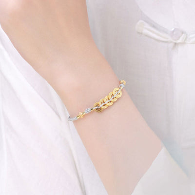 Buddha Stones Copper Coin Fortune Tree Pearl Luck Blue Rope Braided Bracelet Bracelet BS 13