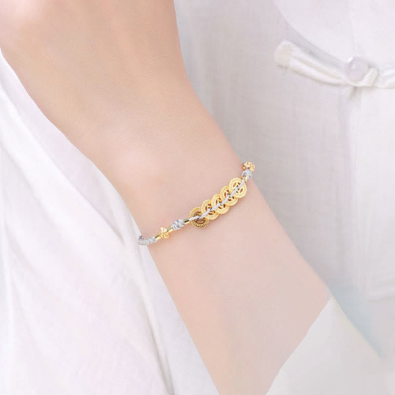 Buddha Stones Copper Coin Fortune Tree Pearl Luck Blue Rope Braided Bracelet Bracelet BS 13