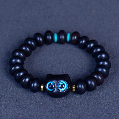 Buddha Stones Ebony Wood Liuli Glass Lovely Cat Peace Balance Bracelet Bracelet BS Ebony 7*10mm*21 Beads(Wrist Circumference 14-16cm)