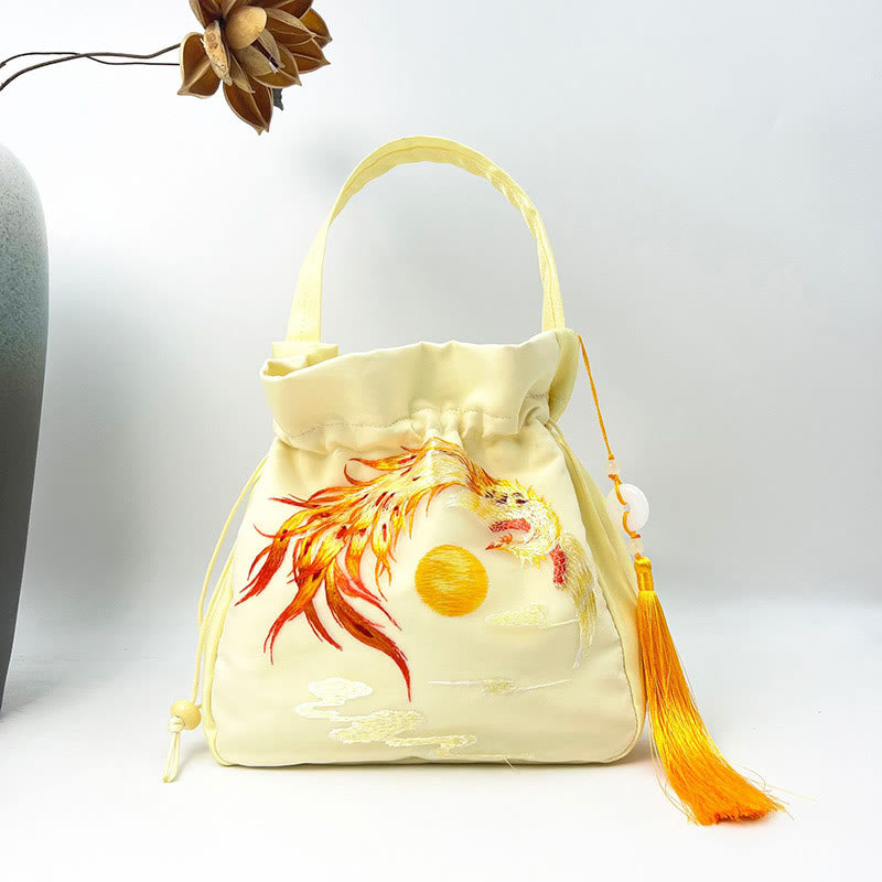Buddha Stones Suzhou Embroidery Rabbit Lotus Epiphyllum Peony Magnolia Silk Tote Crossbody Bag Shoulder Bag Handbag Crossbody Bag BS Yellow Golden Phoenix 20*20*7cm