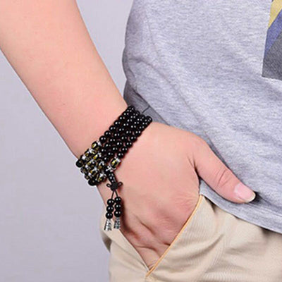 Buddha Stones Black Obsidian Six True Words Protection Mala Bracelet Mala Bracelet BS 2