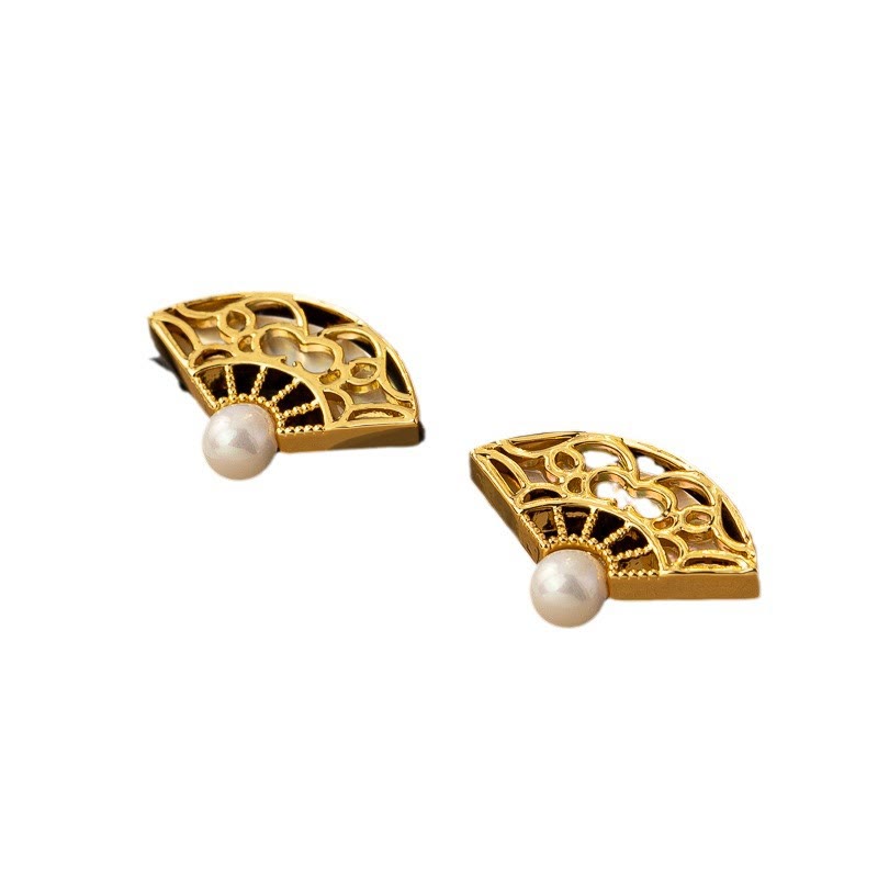 Buddha Stones 925 Sterling Silver Posts Fan Pattern Pearl Copper Wisdom Stud Drop Earrings Earrings BS 5