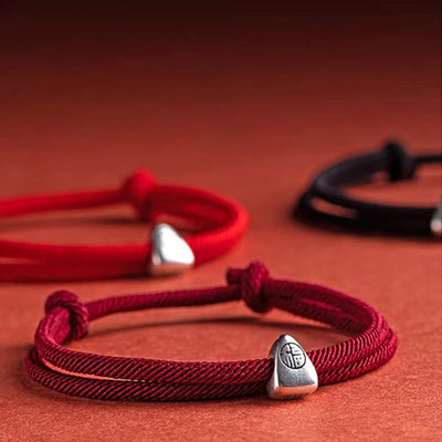 Buddha Stones 925 Sterling Silver Fu Character Blessing Handmade Braided Bracelet Bracelet BS 16