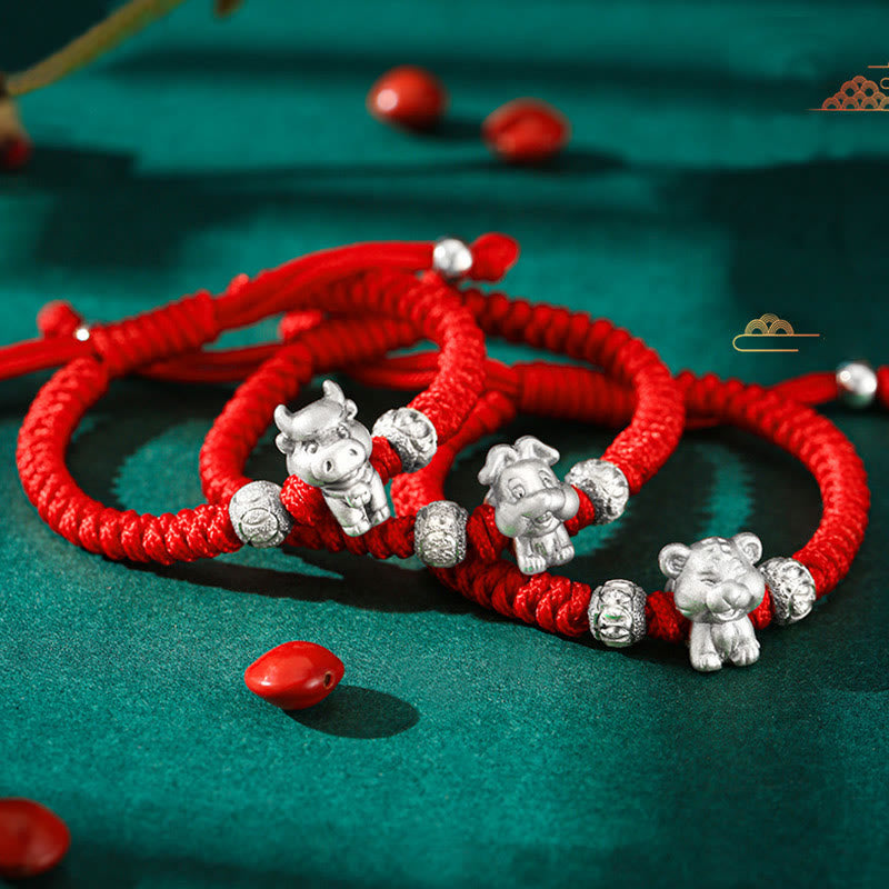 Buddha Stones 999 Sterling Silver Chinese Zodiac Red Rope Luck Handcrafted Kids Bracelet Bracelet BS 1