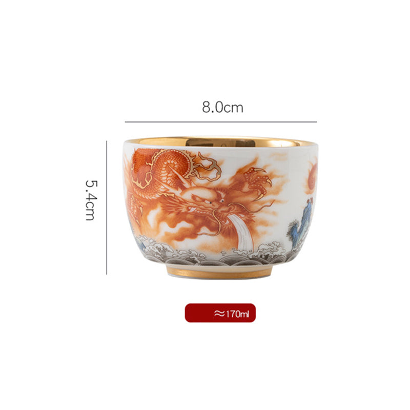 Buddha Stones Dragon Phoenix Crane Sun Ocean Waves Gilt Ceramic Teacup Kung Fu Tea Cup 170ml Cup BS 10