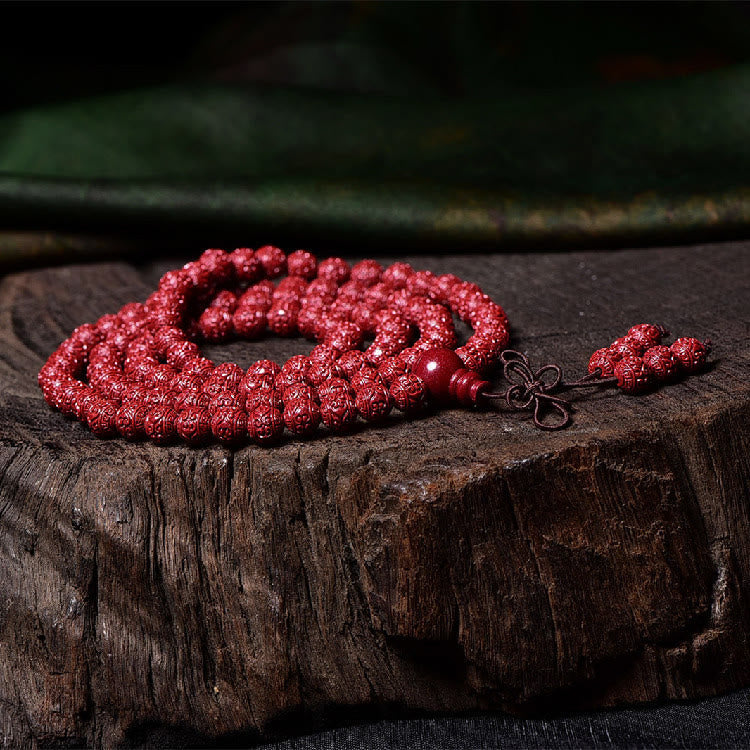 Buddha Stones 108 Mala Beads Cinnabar Om Mani Padme Hum Pattern Engraved Blessing Bracelet Mala Bracelet BS 3