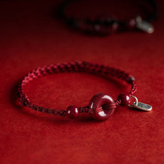 Buddha Stones Handmade Cinnabar Peace Buckle Safe and Healthy Charm Blessing String Bracelet Anklet Bracelet Anklet BS Dark Red&Charm Anklet(Anklet Circumference 18-32cm)