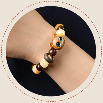 Buddha Stones Natural Bodhi Seed Sandalwood Lucky Cute Cat Head Paw Claw Peace Bracelet Bracelet BS 10