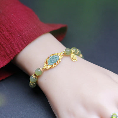 14K Gold Plated 925 Sterling Silver Hetian Jade Lotus Luck Bracelet Bracelet BS 2