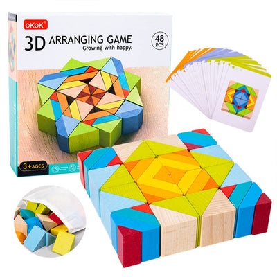 Fidtoy 3D Wooden Geometrical Arranging Mind Puzzle Challenge, 48 Piece Wooden Geometry Stacking Blocks with Pattern Cards, Montessori Shape Sorting STEM Puzzle for Kids Ages 5+