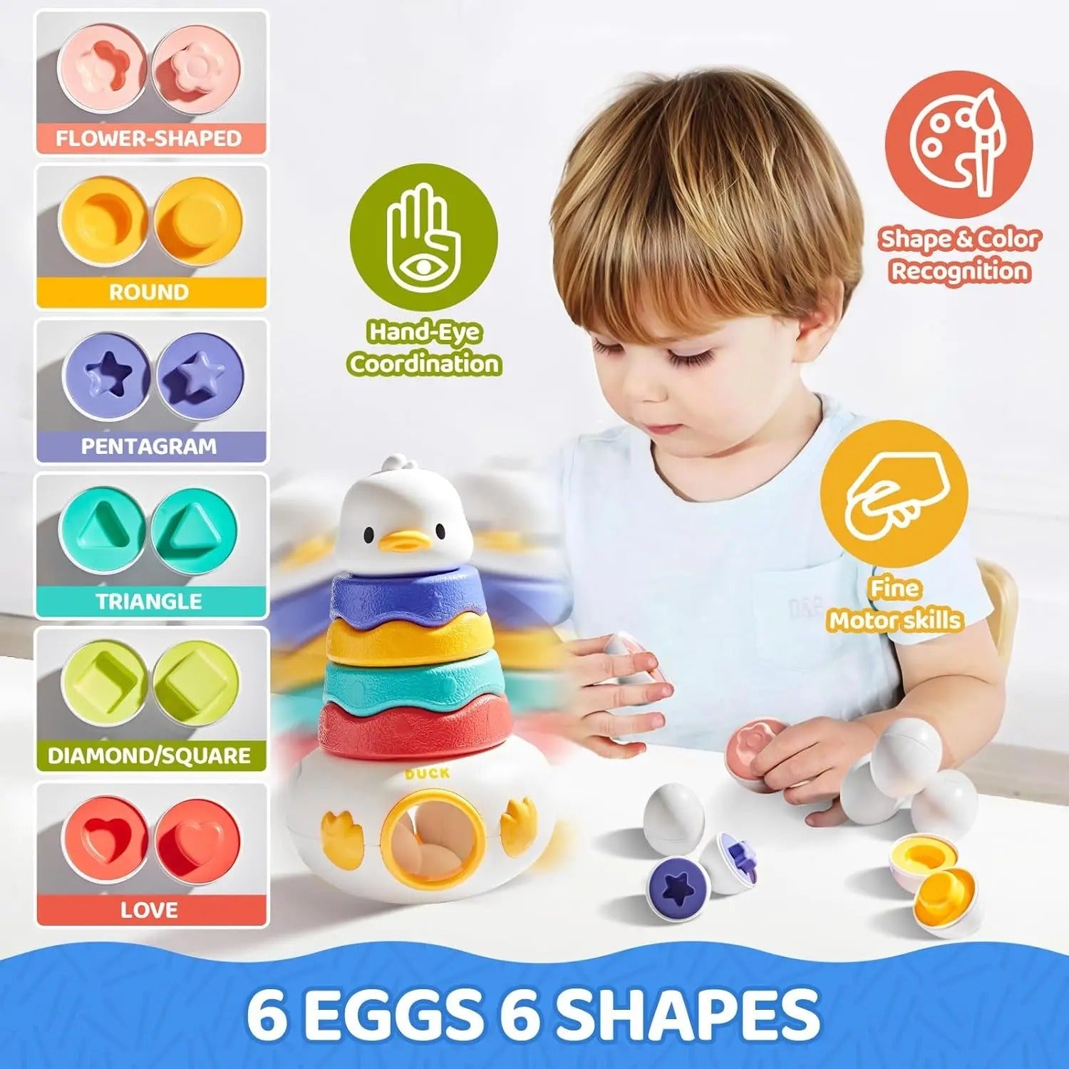 Fidtoy Jouet Culbuto Canard 2-en-1 et Jeu d'Association d'Œufs, Blocs de Construction Canard en Plastique avec 6 Œufs à Assortir, Jouet d'Apprentissage Sensoriel pour la Motricité Fine, 12 Mois et Plus