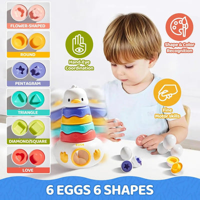 Fidtoy Jouet Culbuto Canard 2-en-1 et Jeu d'Association d'Œufs, Blocs de Construction Canard en Plastique avec 6 Œufs à Assortir, Jouet d'Apprentissage Sensoriel pour la Motricité Fine, 12 Mois et Plus