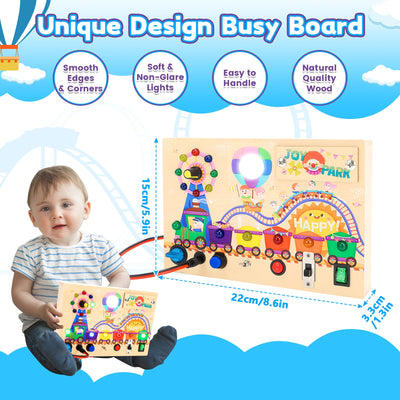 Fidtoy Montessori Wooden Busy Board -Light-Up Sensory Activity Toy for Toddlers, Fine Motor Skills Learning Toy for Ages 1-4, Travel-Friendly Fidget Board for Boys & Girls
