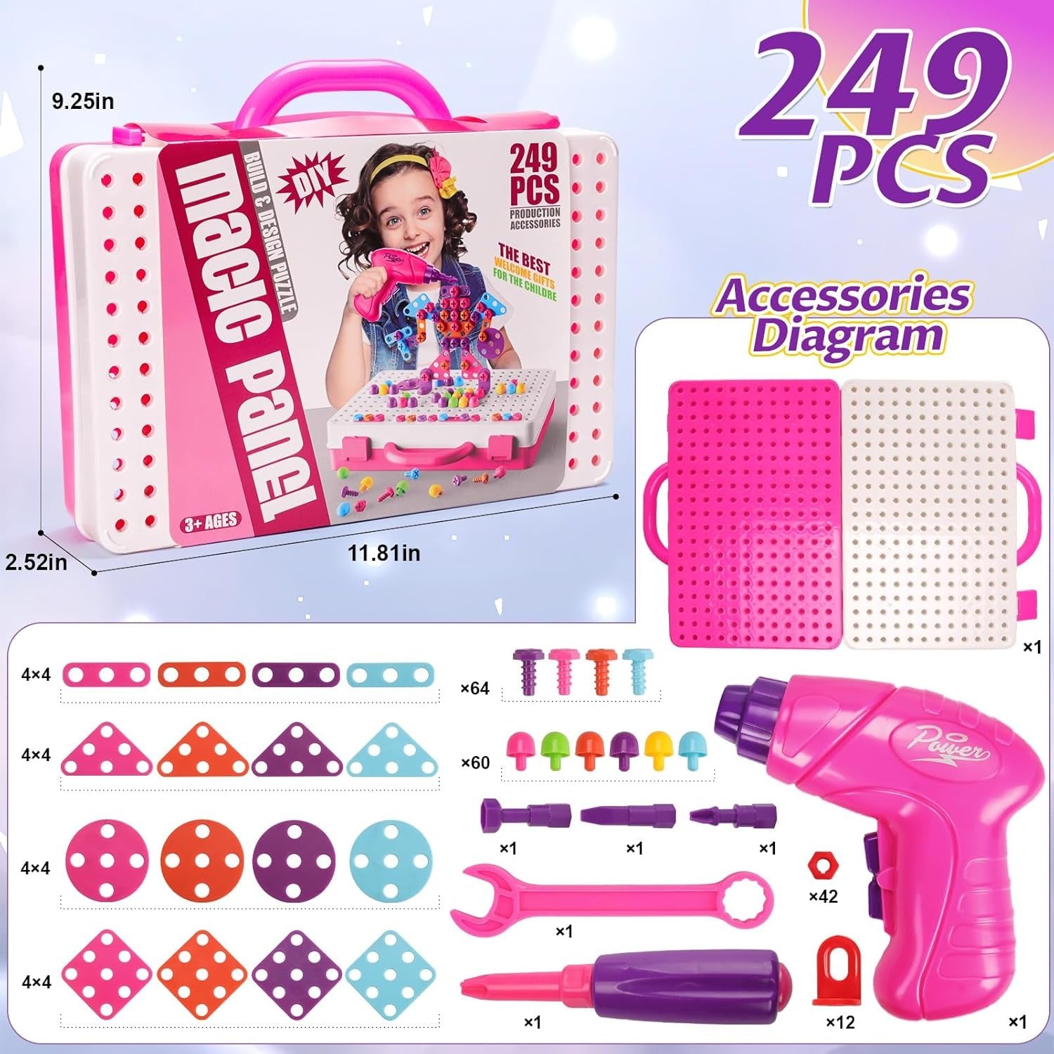 Fidtoy Ensemble de jeu d'outils de perceuse électrique créative magique 3 en 1 pour enfants | Jouet de construction STEM avec étui de rangement portable - Rose